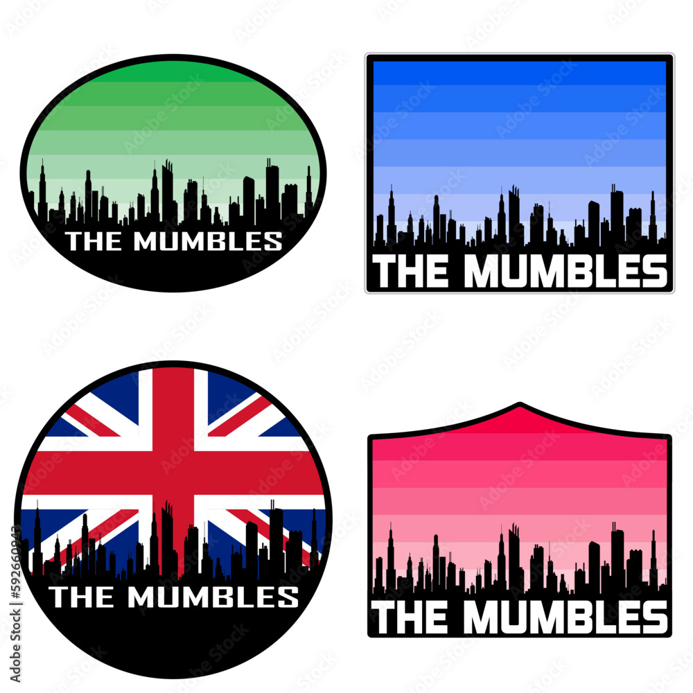 The Mumbles Skyline Silhouette Uk Flag Travel Souvenir Sticker Sunset Background Vector Illustration SVG EPS AI