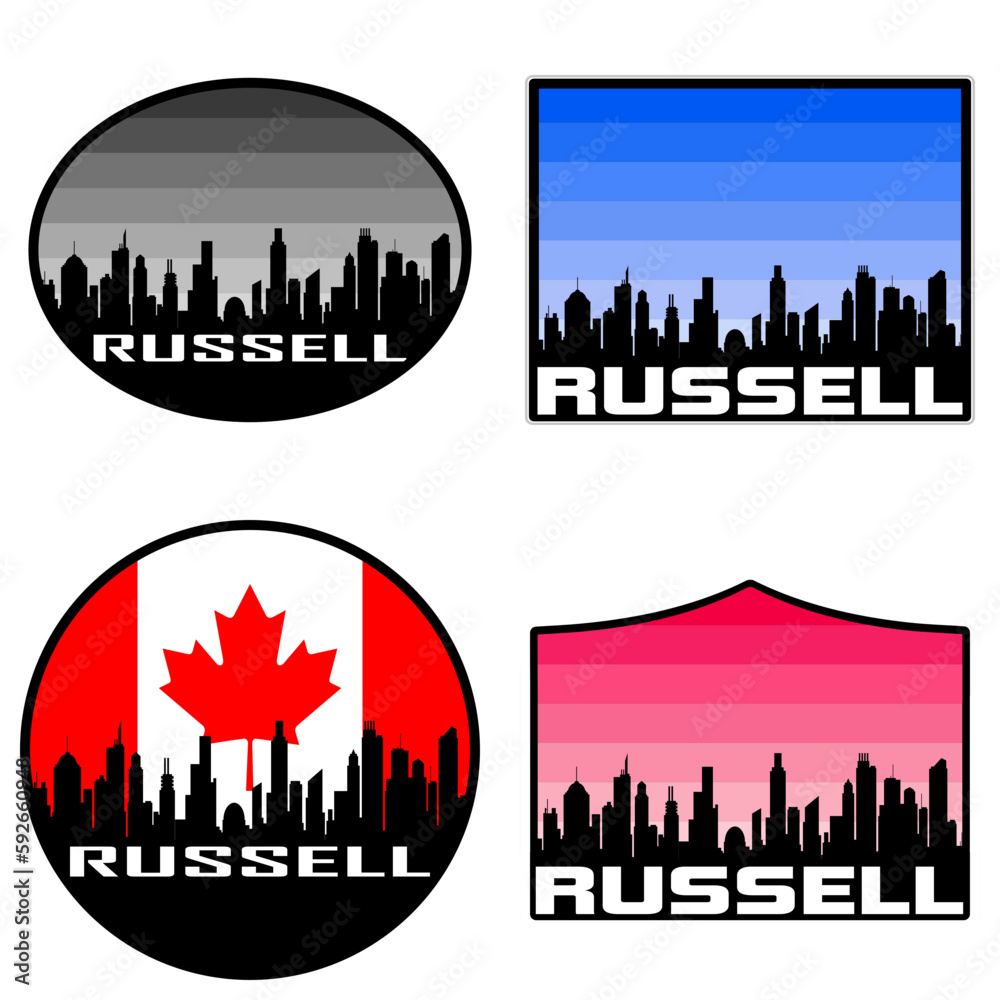 Russell Skyline Silhouette Canada Flag Travel Souvenir Sticker Sunset Background Vector Illustration SVG EPS AI