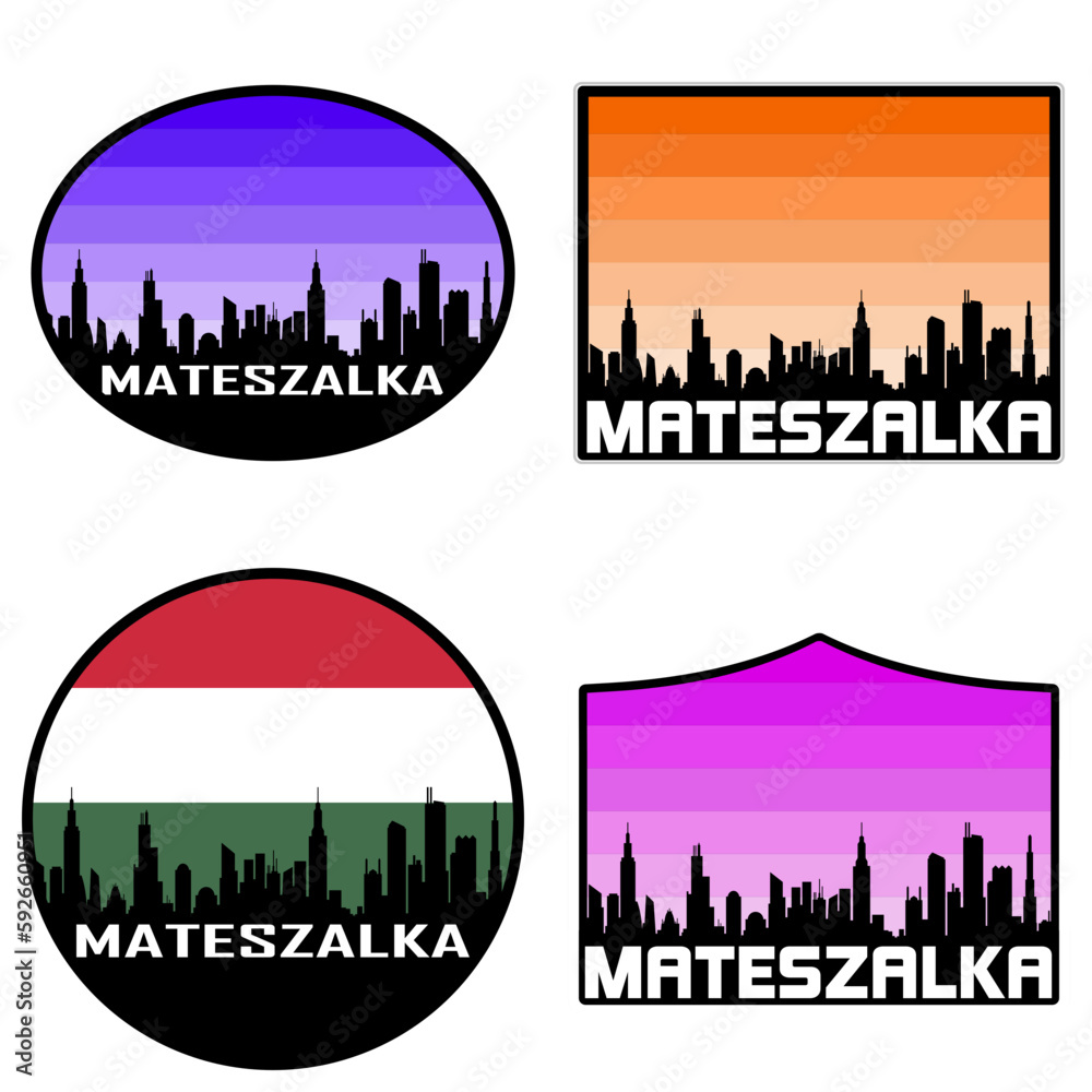 Mateszalka Skyline Silhouette Hungary Flag Travel Souvenir Sticker Sunset Background Vector Illustration SVG EPS AI