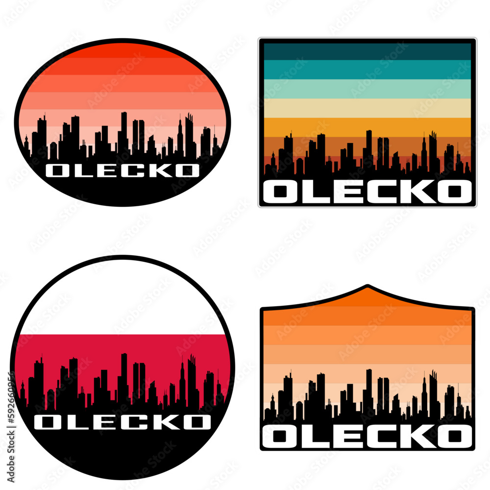 Olecko Skyline Silhouette Poland Flag Travel Souvenir Sticker Sunset Background Vector Illustration SVG EPS AI