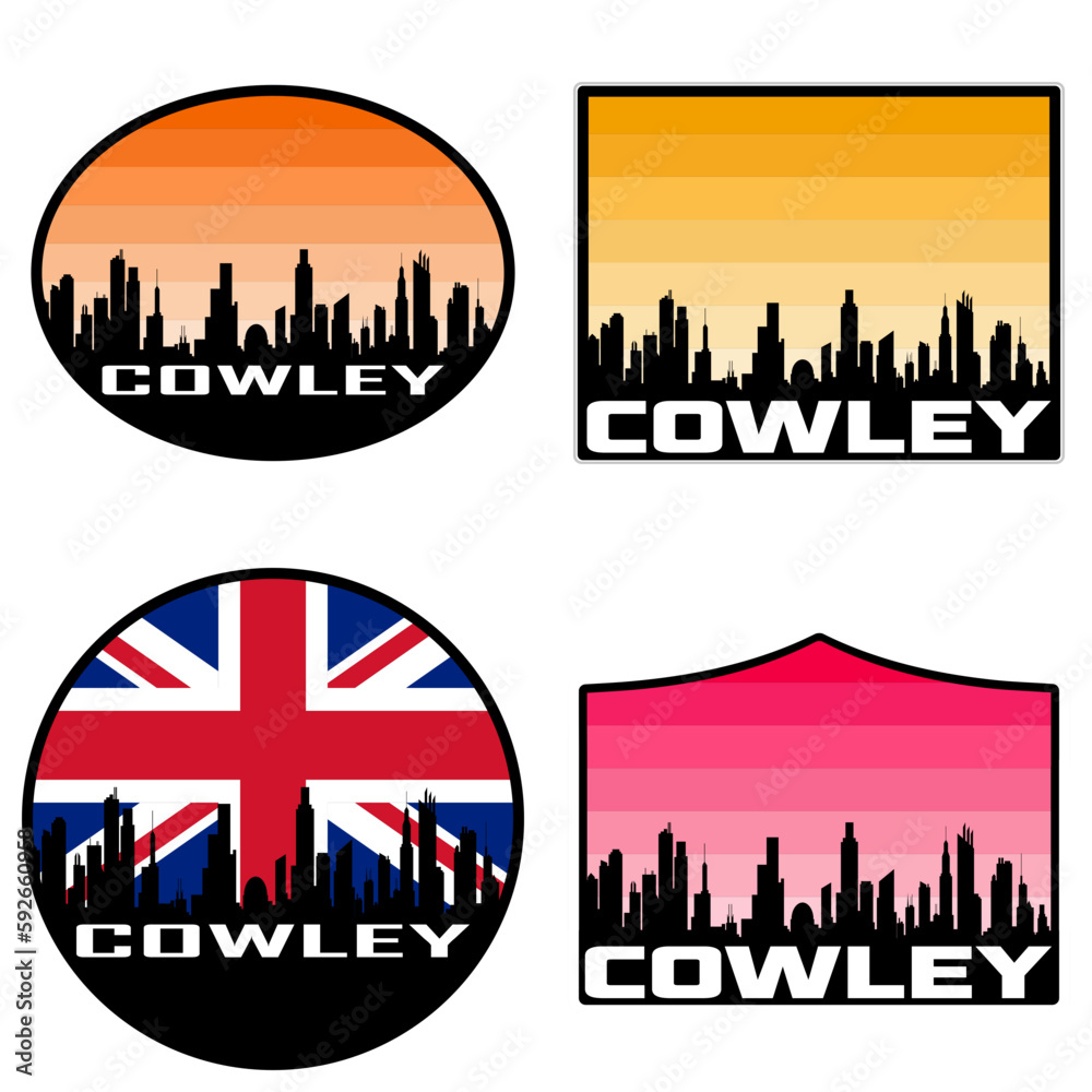 Cowley Skyline Silhouette Uk Flag Travel Souvenir Sticker Sunset Background Vector Illustration SVG EPS AI
