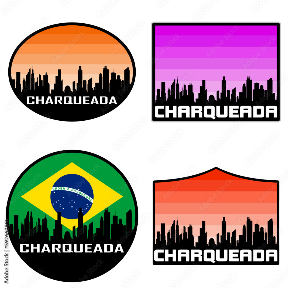 Charqueada Skyline Silhouette Brazil Flag Travel Souvenir Sticker Sunset Background Vector Illustration SVG EPS AI