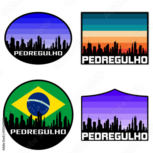 Pedregulho Skyline Silhouette Brazil Flag Travel Souvenir Sticker Sunset Background Vector Illustration SVG EPS AI photo