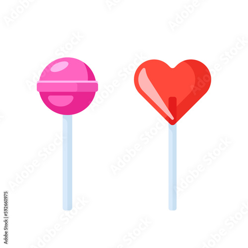 Purple ball and Red heart lollipop candy on a stick Isolated Sign Flat Style Vector Illustration Symbol on White Background © point of BORT