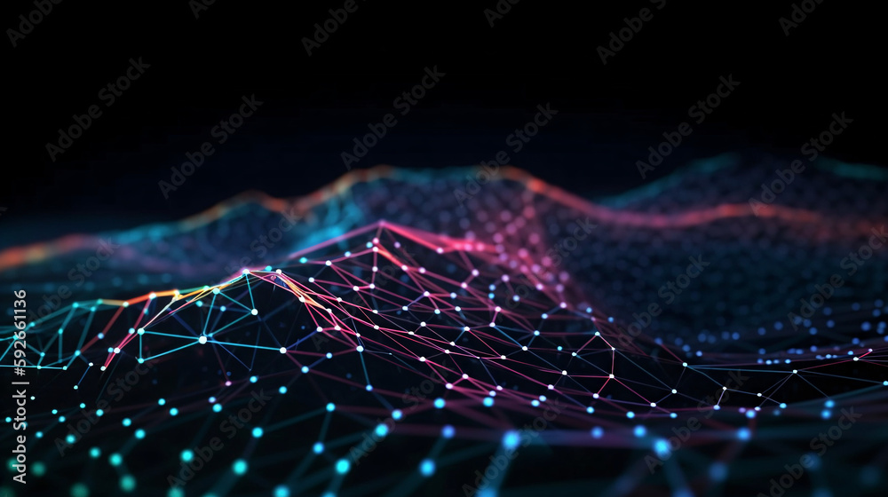 Cyber big data flow. Blockchain data fields. Network line connect stream. Concept of AI technology, digital communication, science research, 3D illustration neural cells
