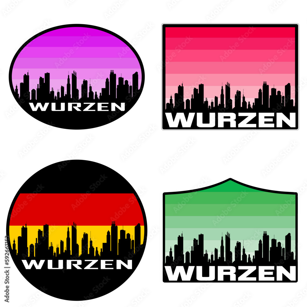 Wurzen Skyline Silhouette Germany Flag Travel Souvenir Sticker Sunset Background Vector Illustration SVG EPS AI