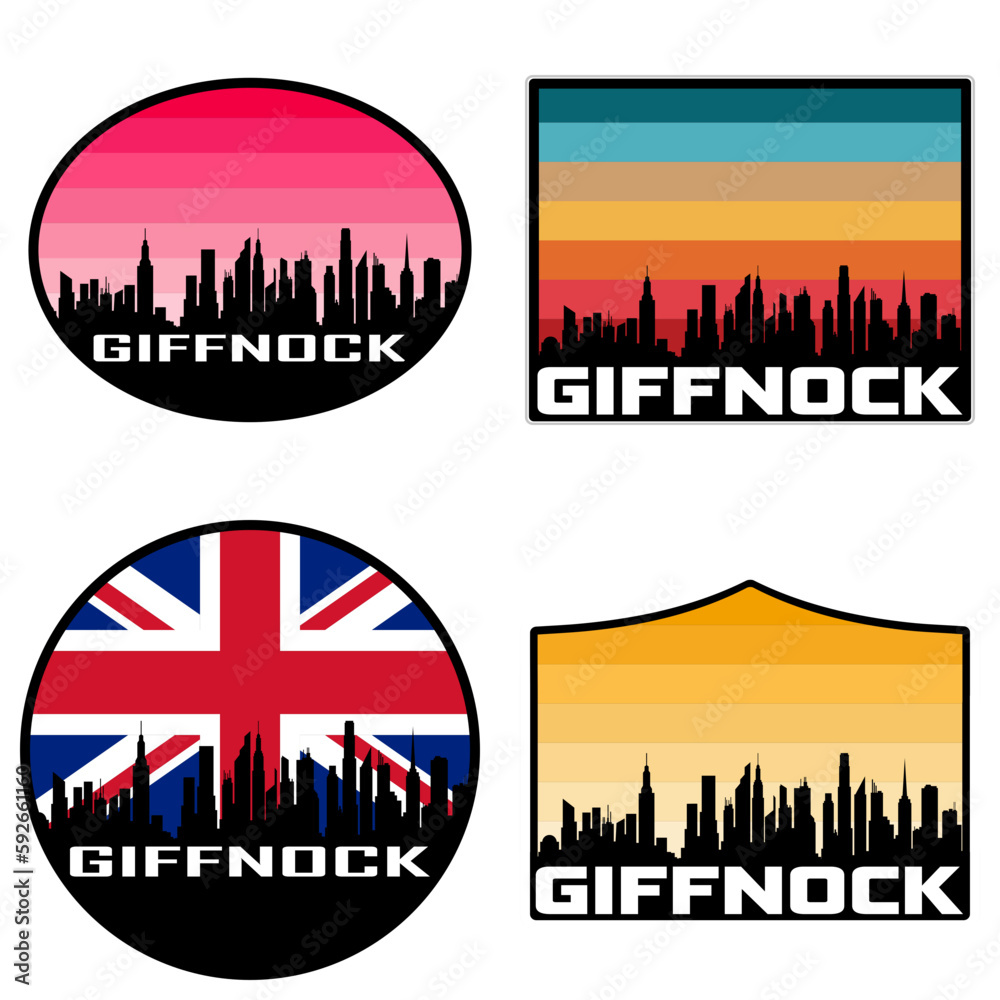 Giffnock Skyline Silhouette Uk Flag Travel Souvenir Sticker Sunset Background Vector Illustration SVG EPS AI