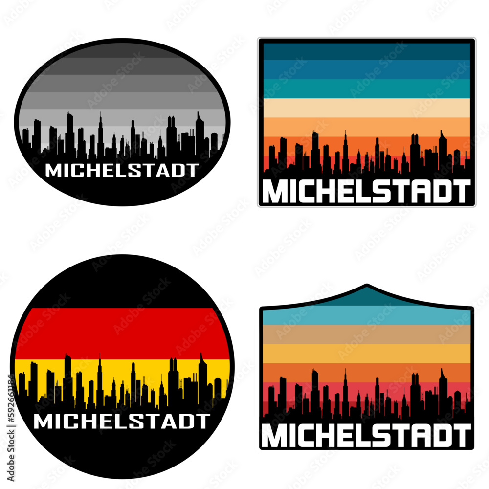 Michelstadt Skyline Silhouette Germany Flag Travel Souvenir Sticker Sunset Background Vector Illustration SVG EPS AI