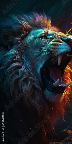 a front of view photo of a lions roar  vibrant  bioluminescence  soft light