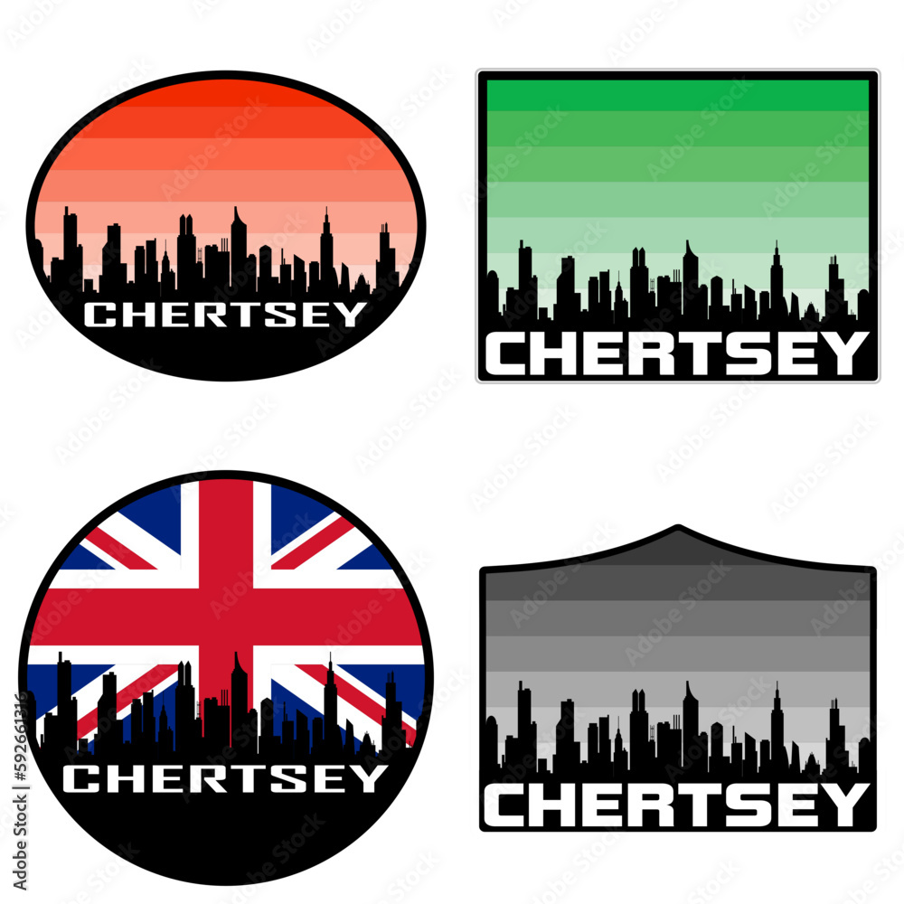 Chertsey Skyline Silhouette Uk Flag Travel Souvenir Sticker Sunset Background Vector Illustration SVG EPS AI