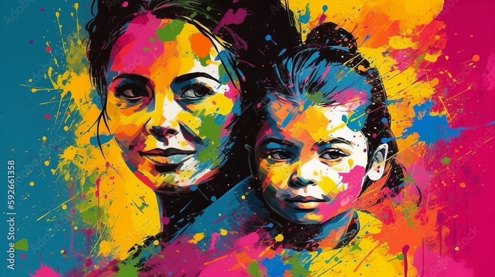 Vibrant and Modern Mother's Day Painting with Mom and Child