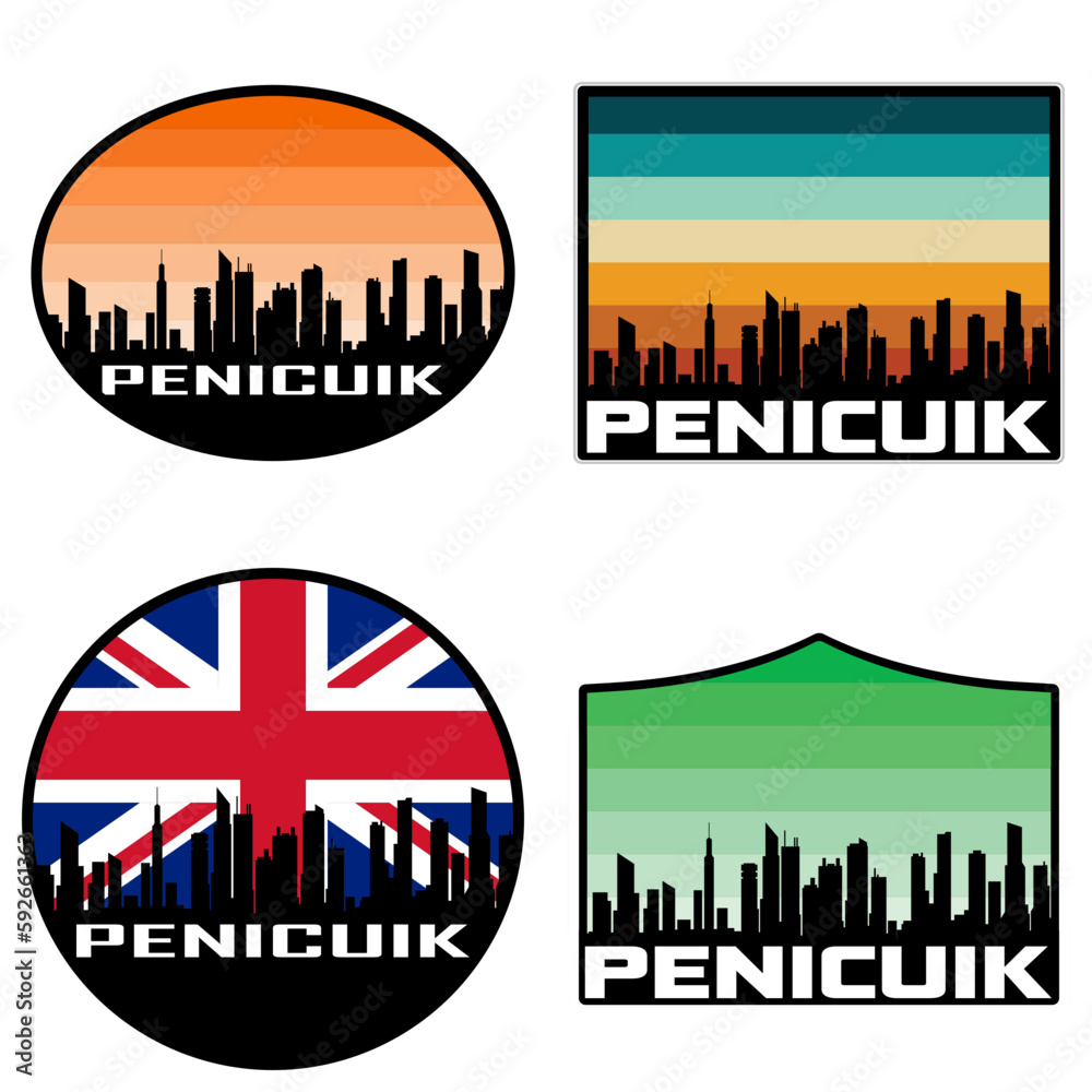 Penicuik Skyline Silhouette Uk Flag Travel Souvenir Sticker Sunset Background Vector Illustration SVG EPS AI