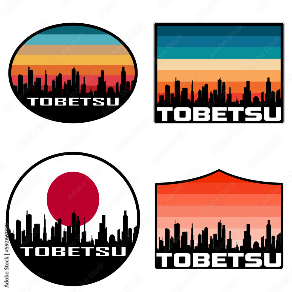 Tobetsu Skyline Silhouette Japan Flag Travel Souvenir Sticker Sunset Background Vector Illustration SVG EPS AI