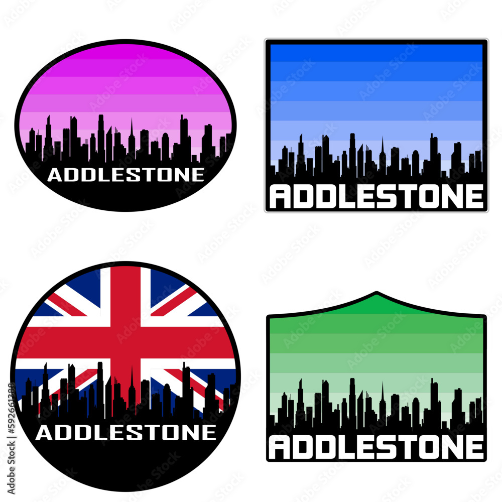 Addlestone Skyline Silhouette Uk Flag Travel Souvenir Sticker Sunset Background Vector Illustration SVG EPS AI