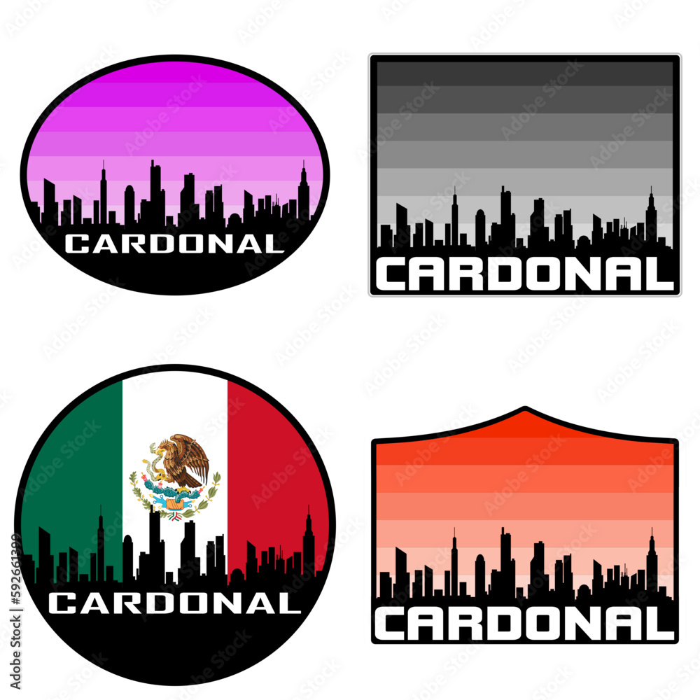 Cardonal Skyline Silhouette Mexico Flag Travel Souvenir Sticker Sunset Background Vector Illustration SVG EPS AI