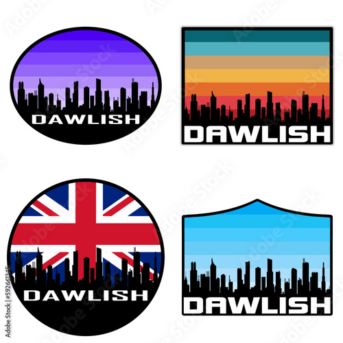 Dawlish Skyline Silhouette Uk Flag Travel Souvenir Sticker Sunset Background Vector Illustration SVG EPS AI