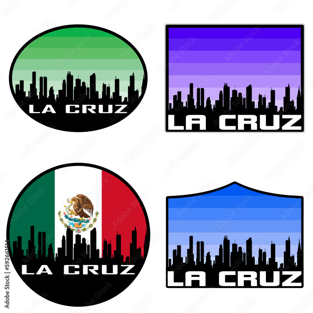 La Cruz Skyline Silhouette Mexico Flag Travel Souvenir Sticker Sunset Background Vector Illustration SVG EPS AI