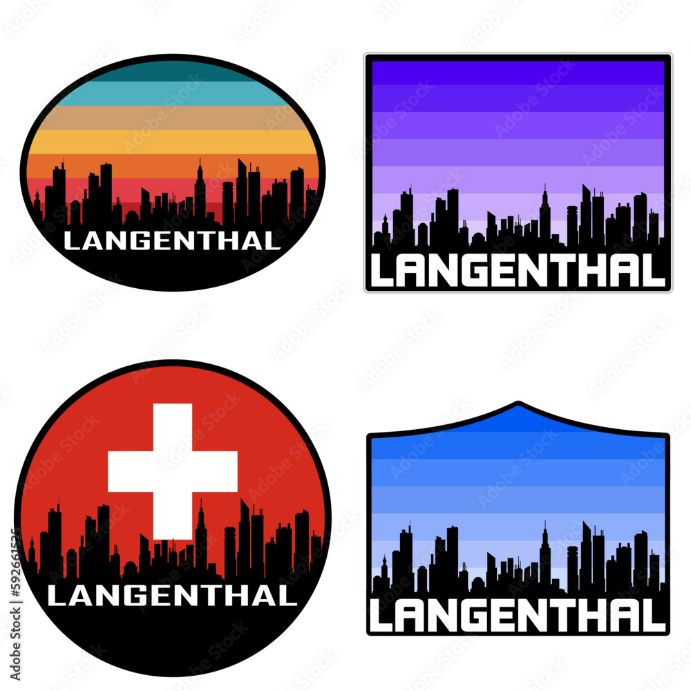 Langenthal Skyline Silhouette Switzerland Flag Travel Souvenir Sticker Sunset Background Vector Illustration SVG EPS AI