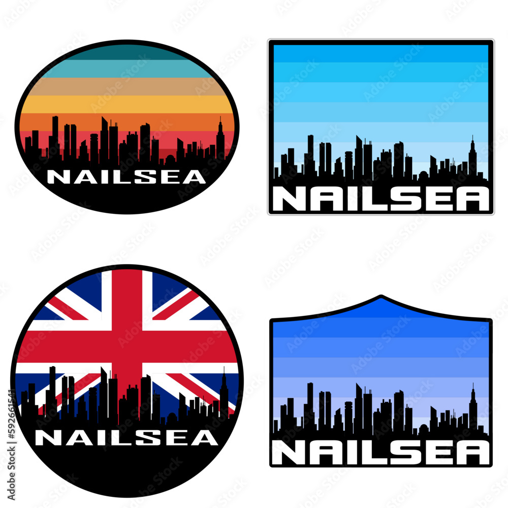 Nailsea Skyline Silhouette Uk Flag Travel Souvenir Sticker Sunset Background Vector Illustration SVG EPS AI