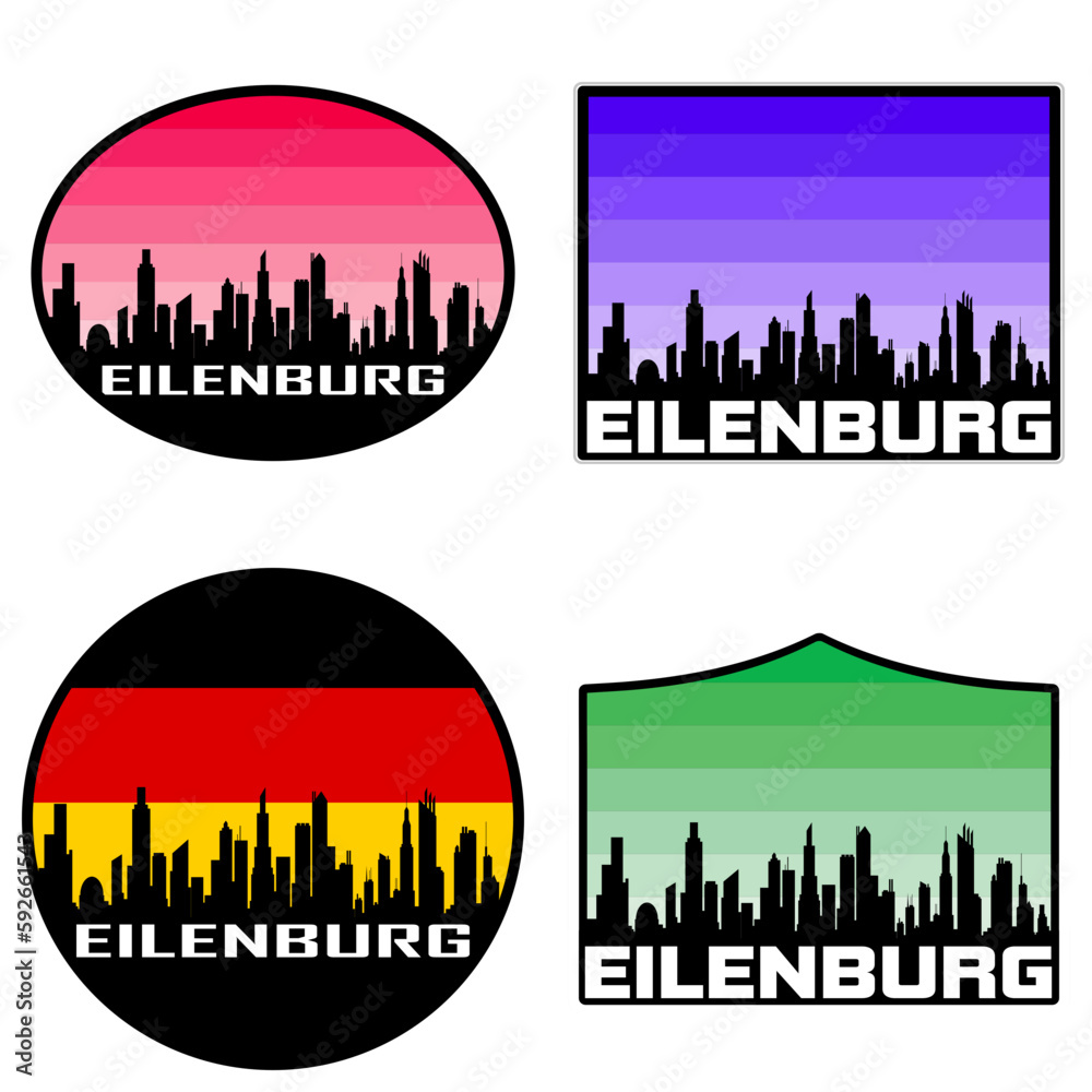 Eilenburg Skyline Silhouette Germany Flag Travel Souvenir Sticker Sunset Background Vector Illustration SVG EPS AI