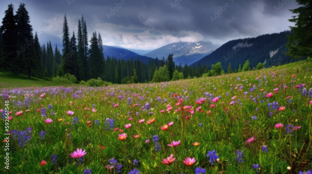 Stunning landscape of the  alpine meadow, Generative AI