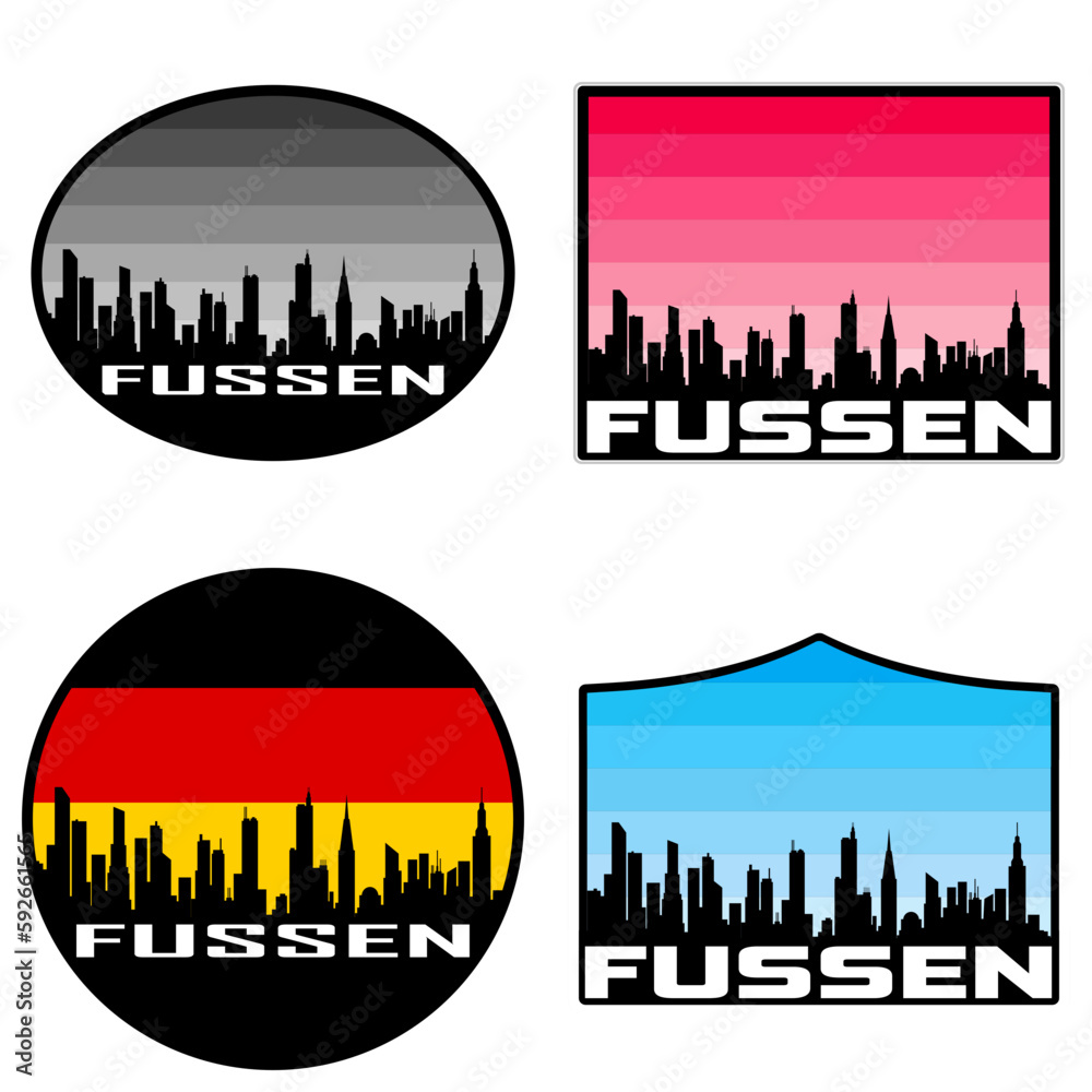 Fussen Skyline Silhouette Germany Flag Travel Souvenir Sticker Sunset Background Vector Illustration SVG EPS AI