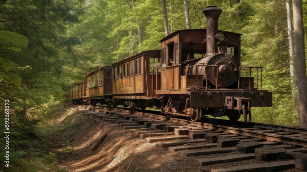 Fototapeta premium Stunning landscape of the old brown train on a railway, Generative AI