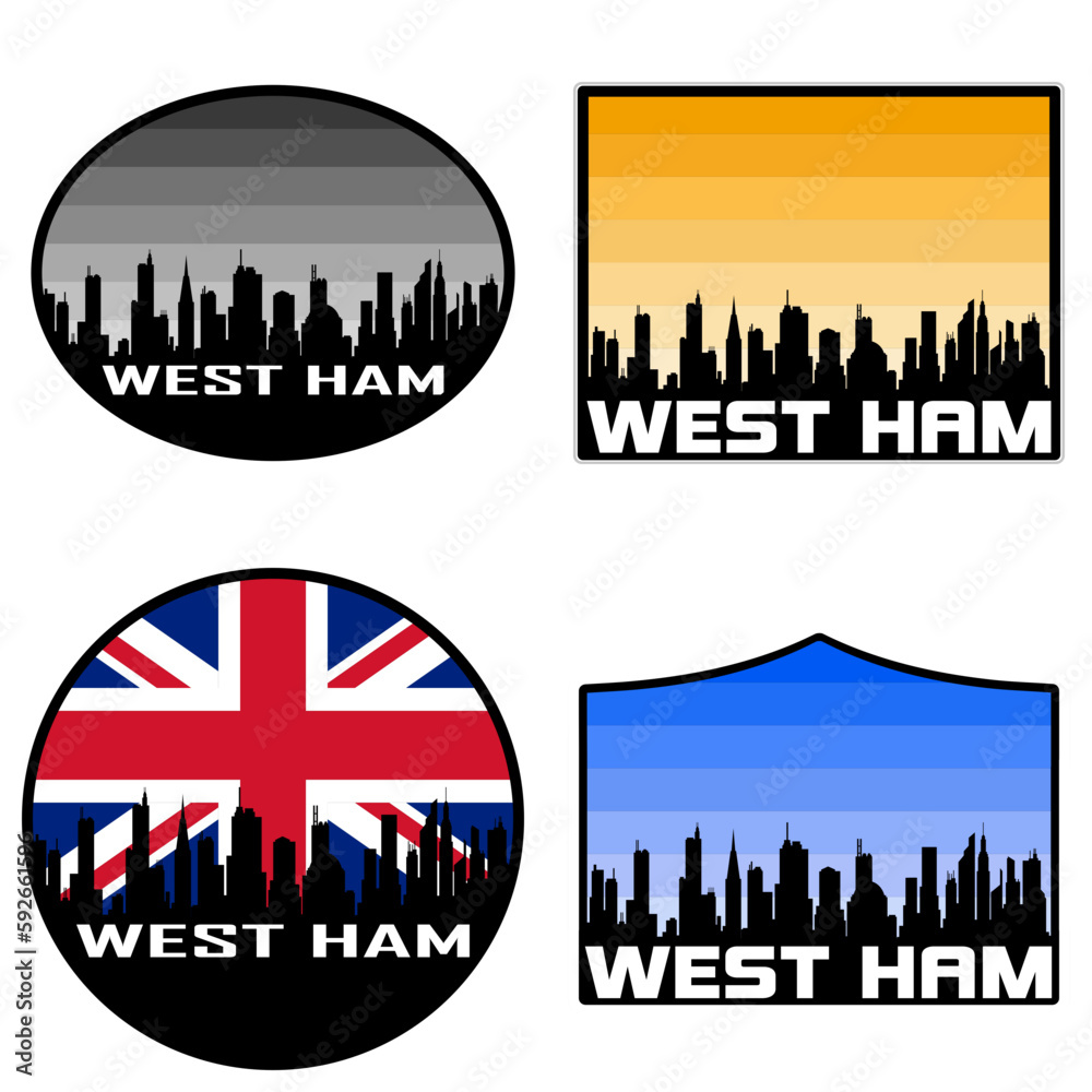 West Ham Skyline Silhouette Uk Flag Travel Souvenir Sticker Sunset Background Vector Illustration SVG EPS AI