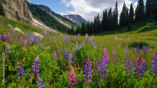 Stunning landscape of the alpine meadow, Generative AI