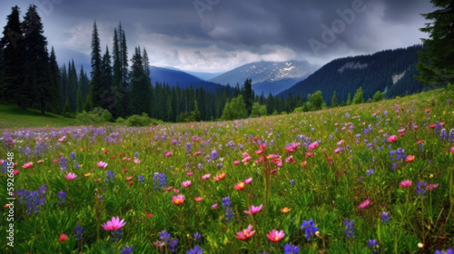 Stunning landscape of the alpine meadow, Generative AI