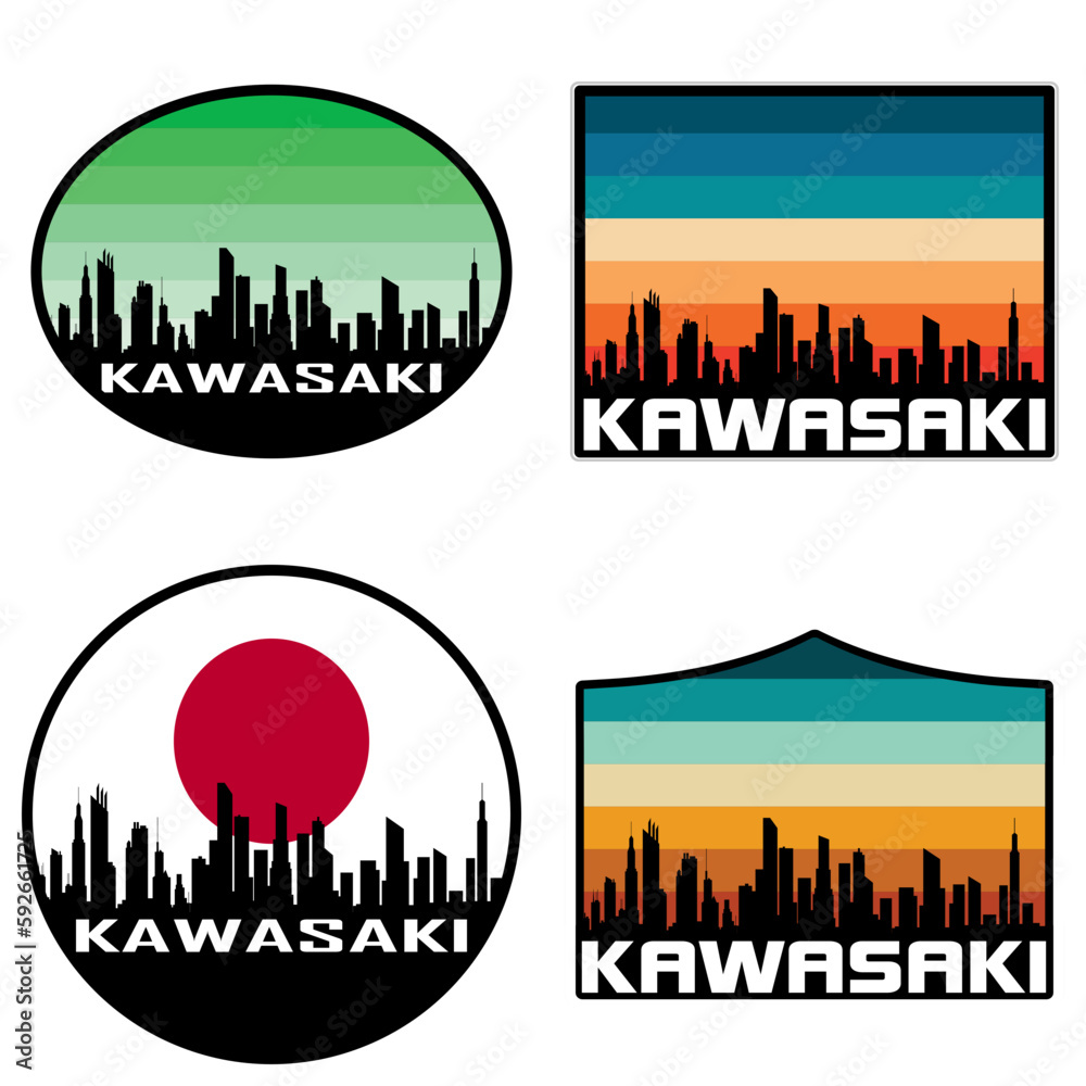 Kawasaki Skyline Silhouette Japan Flag Travel Souvenir Sticker Sunset Background Vector Illustration SVG EPS AI