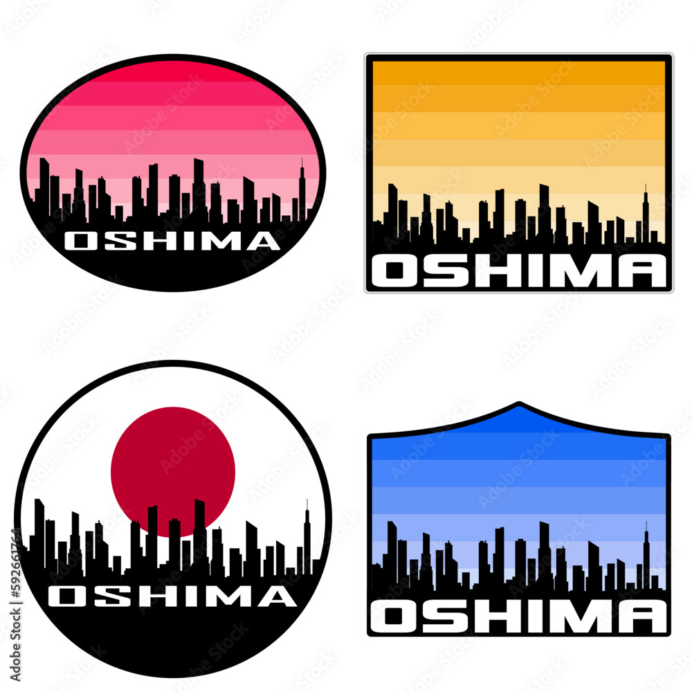 Oshima Skyline Silhouette Japan Flag Travel Souvenir Sticker Sunset Background Vector Illustration SVG EPS AI
