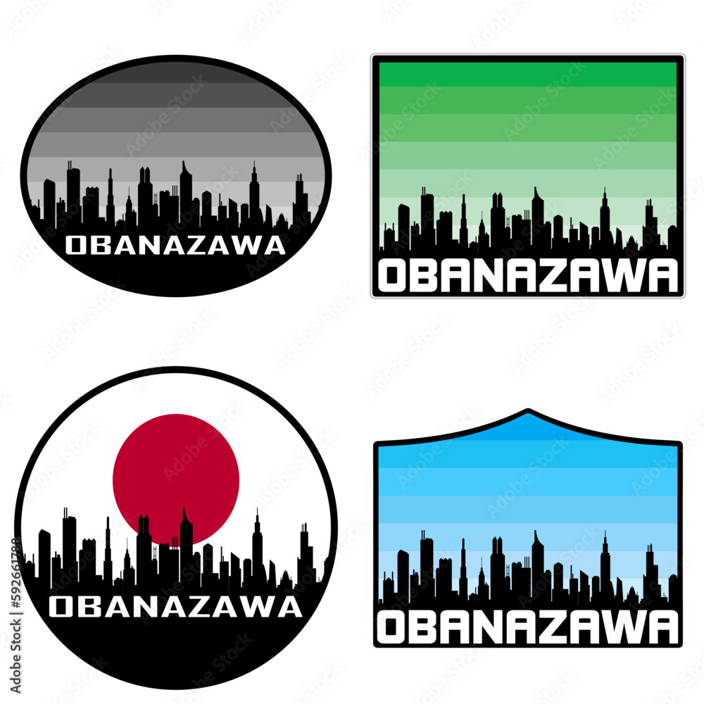 Obanazawa Skyline Silhouette Japan Flag Travel Souvenir Sticker Sunset Background Vector Illustration SVG EPS AI