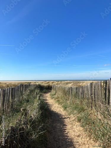 Seaside view with golden sand beaches and landmarks. Taken in Lytham Lancashire England. 