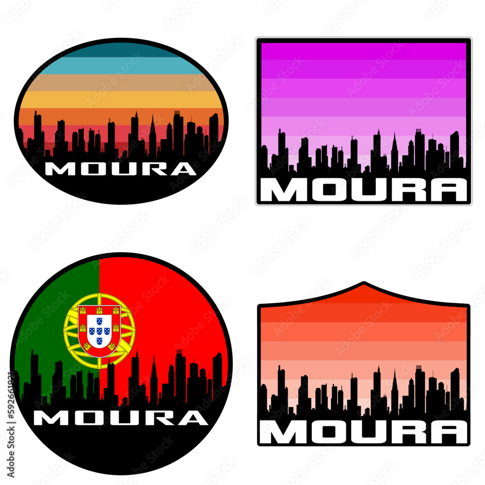Moura Skyline Silhouette Portugal Flag Travel Souvenir Sticker Sunset Background Vector Illustration SVG EPS AI