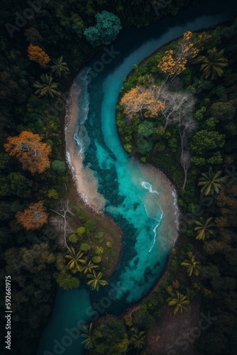 A drone photo captures the lush greenery of the jungle, with a winding river cutting through the dense foliage. The tranquil water offers a glimpse of serenity amidst the wild surroundings.