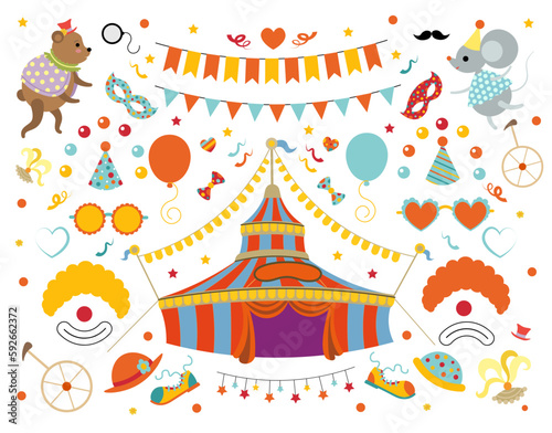 A colorful circus tent with a cartoon mouse and teddy bear on a wheel and a balloons. Tent on fair festival