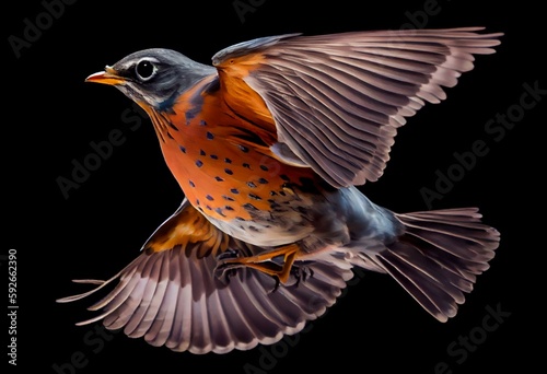 isolated American robin bird in flight, macro, png, transparent background, spring, summer, vertical, horizontal, close up, Generative AI