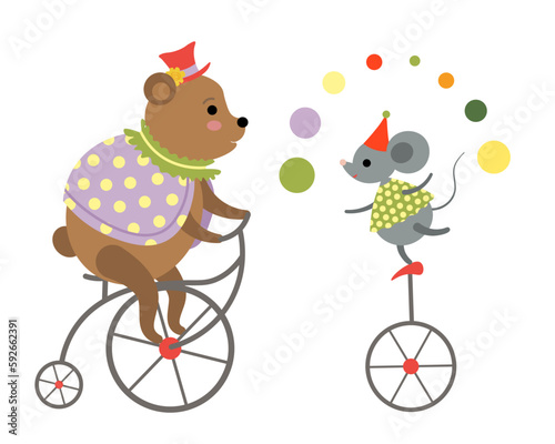 A cartoon of a circus bear and a mouse on a bicycle and monowheel