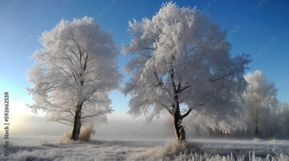 Stunning landscape of the frost-covered trees, Generative AI