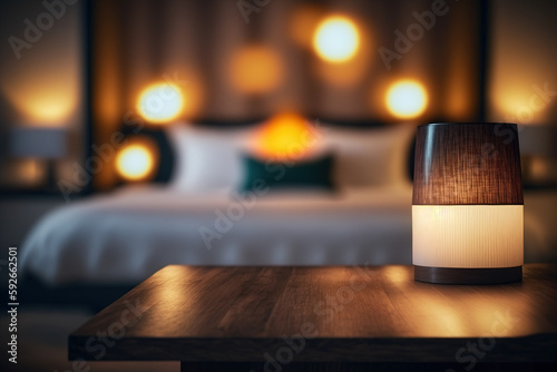 Table-top view of beside table or nightstand on blurred cozy night ambiance at hotel room with bokeh background. Empty wooden table for product display and customization. Flawless Generative AI photo