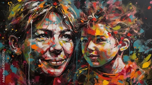 Vibrant and Modern Mother's Day Painting with Mom and Child