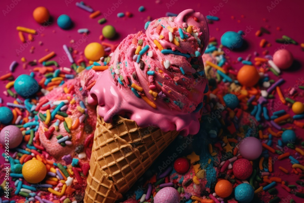 Cool, refreshing scoop of ice cream in a crispy cone with a fun twist of bright, colorful toppings - perfect for summer.