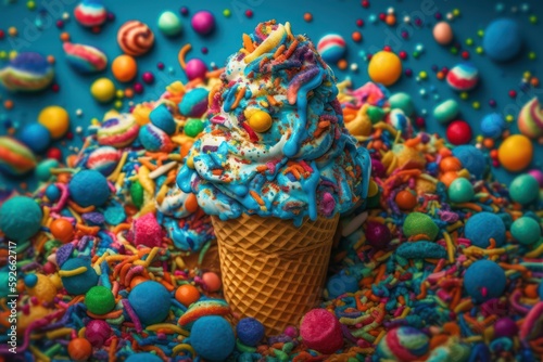 Sweet  satisfying ice cream in a crispy waffle cone with a playful touch of colorful sprinkles and candies.