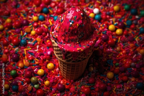 Sweet, satisfying ice cream in a crispy waffle cone with a playful touch of colorful sprinkles and candies.