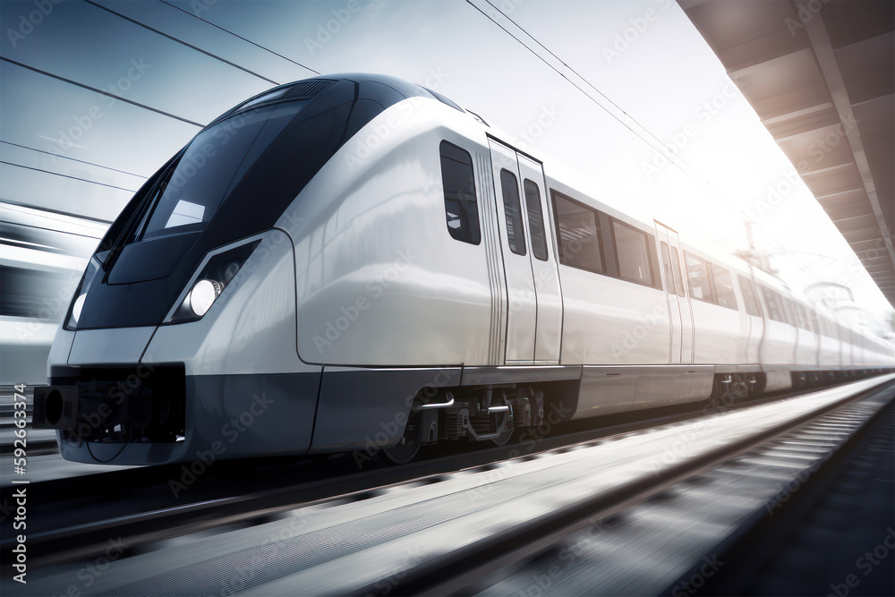 Naklejka premium High speed modern commuter train with motion blur effect. Generative AI