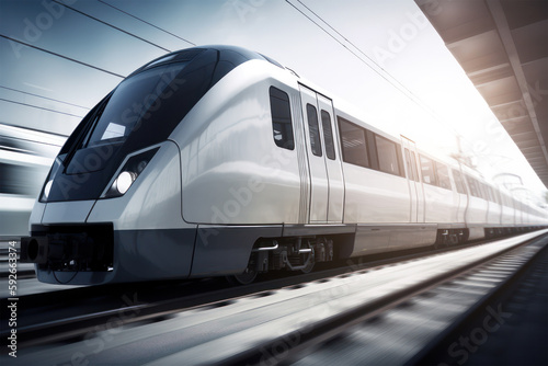 High speed modern commuter train with motion blur effect. Generative AI