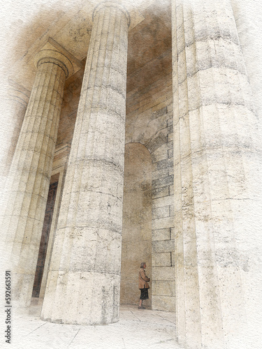Watercolor of a building with historical columns