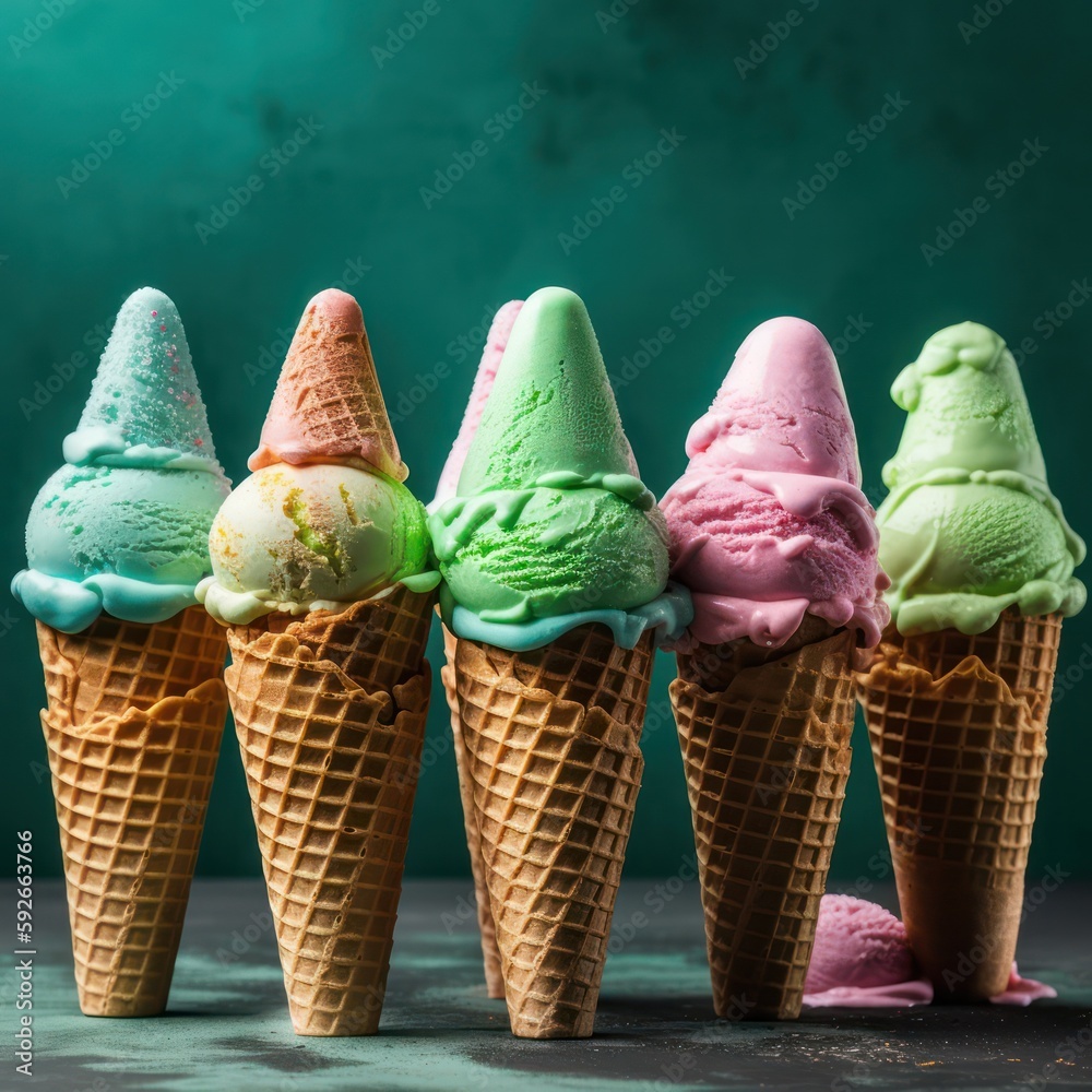 Multiple ice creams cones with scoops of natural, organic bio ice cream. Fruits and flavours
