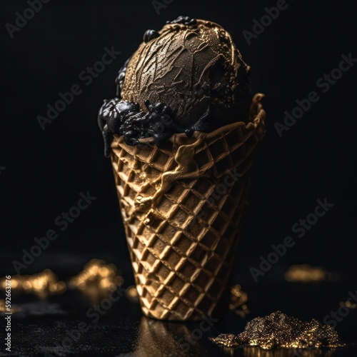 Natural organic bio golden ice cream with black chocolate and berries flavour in a delicious waffle cone